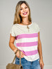 Multi Stripe Wide Crewneck Short Sleeve Sweater Top