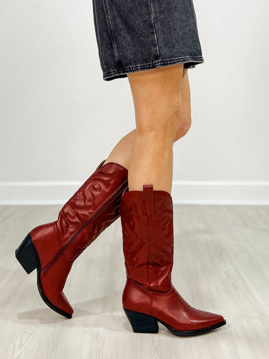 Embroidered Western Boots in Wine