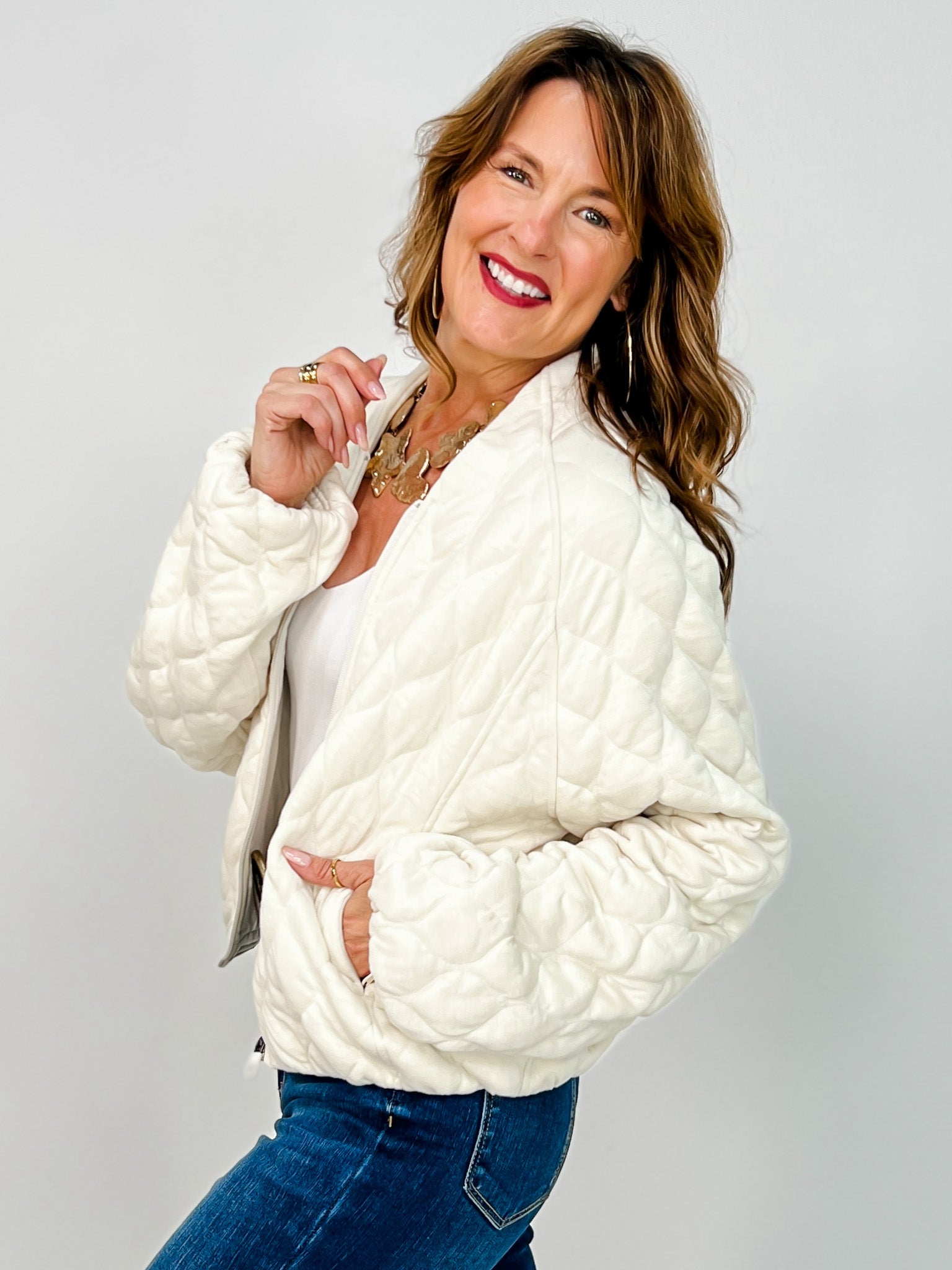 Quilted Zipper Bomber Jacket