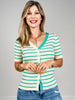 Striped Rib V-Neck Button Down Short Sleeve Sweater