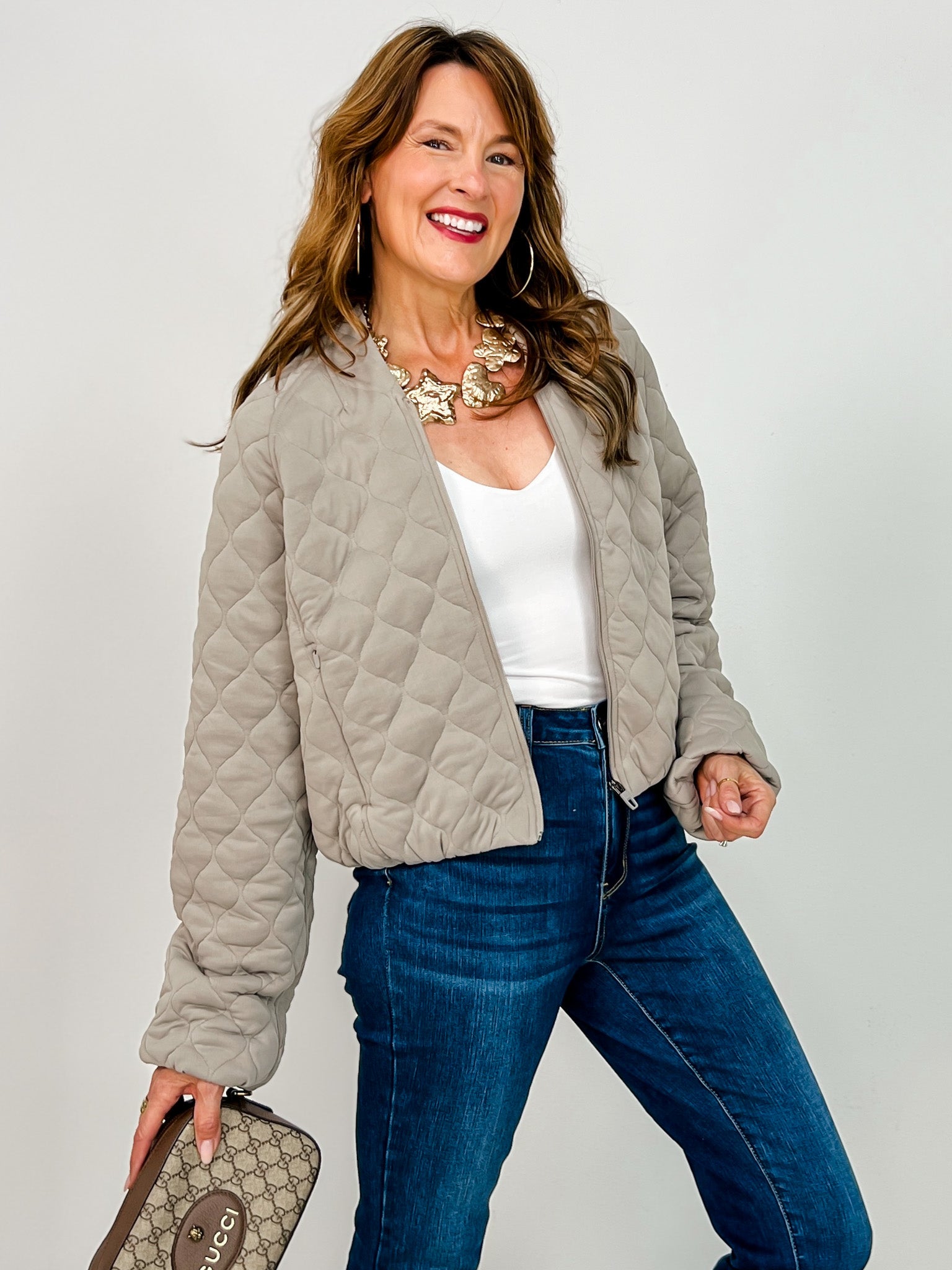 Quilted Zipper Bomber Jacket