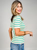 Striped Rib V-Neck Button Down Short Sleeve Sweater