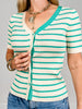 Striped Rib V-Neck Button Down Short Sleeve Sweater
