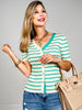 Striped Rib V-Neck Button Down Short Sleeve Sweater