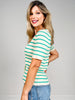 Striped Rib V-Neck Button Down Short Sleeve Sweater