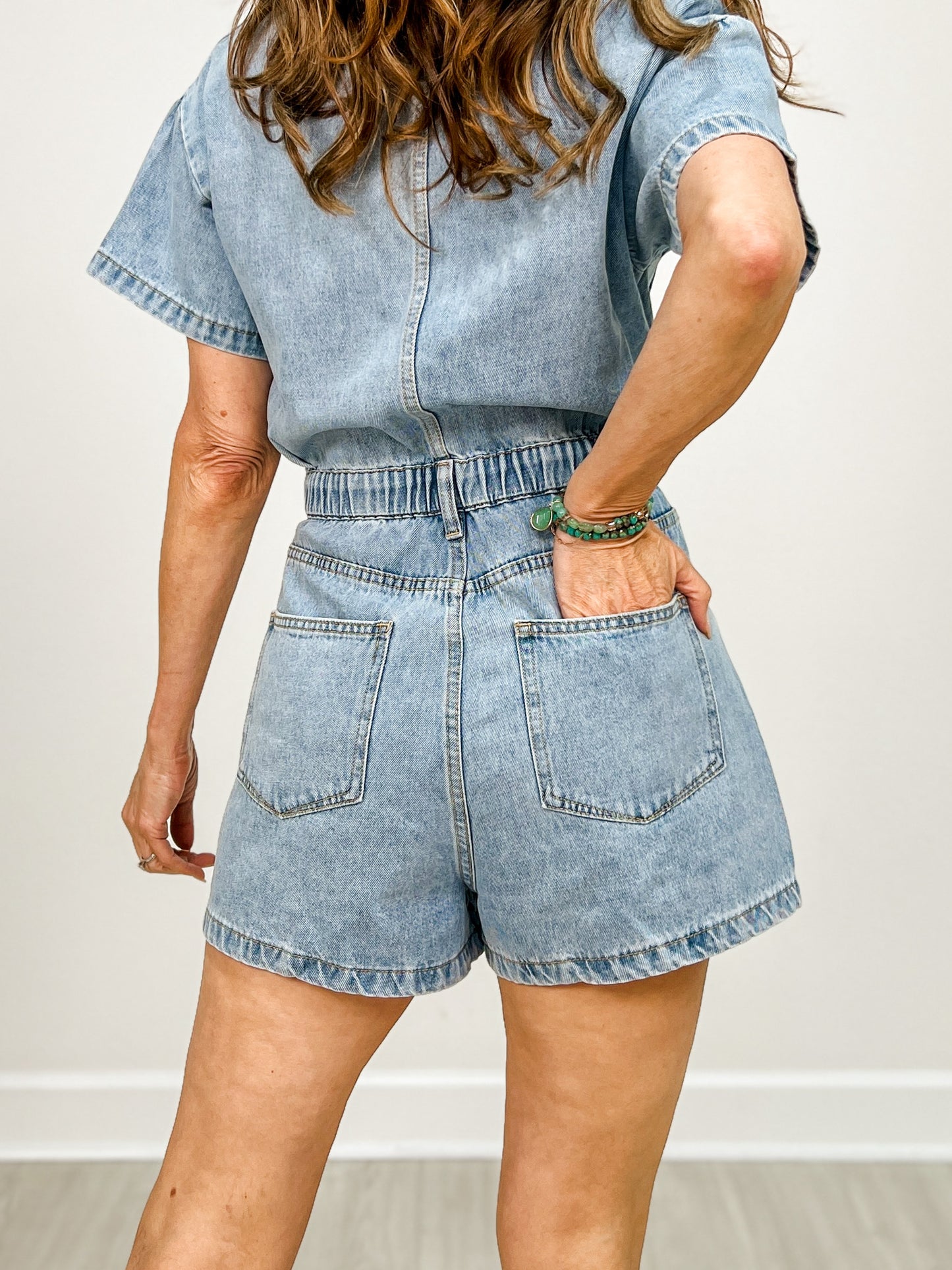 Button Down Short Sleeved Denim Romper