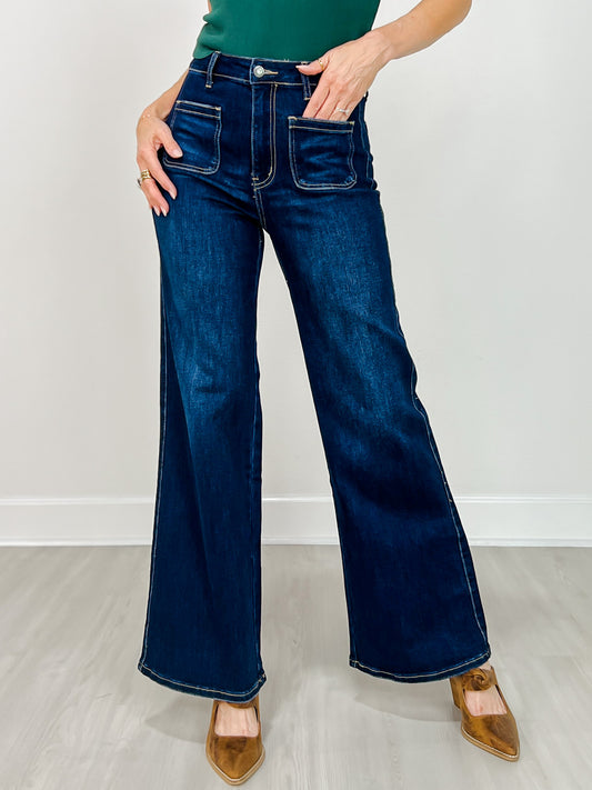 Stretch Front Two Pocket High Rise Flare Jean in Dark Denim