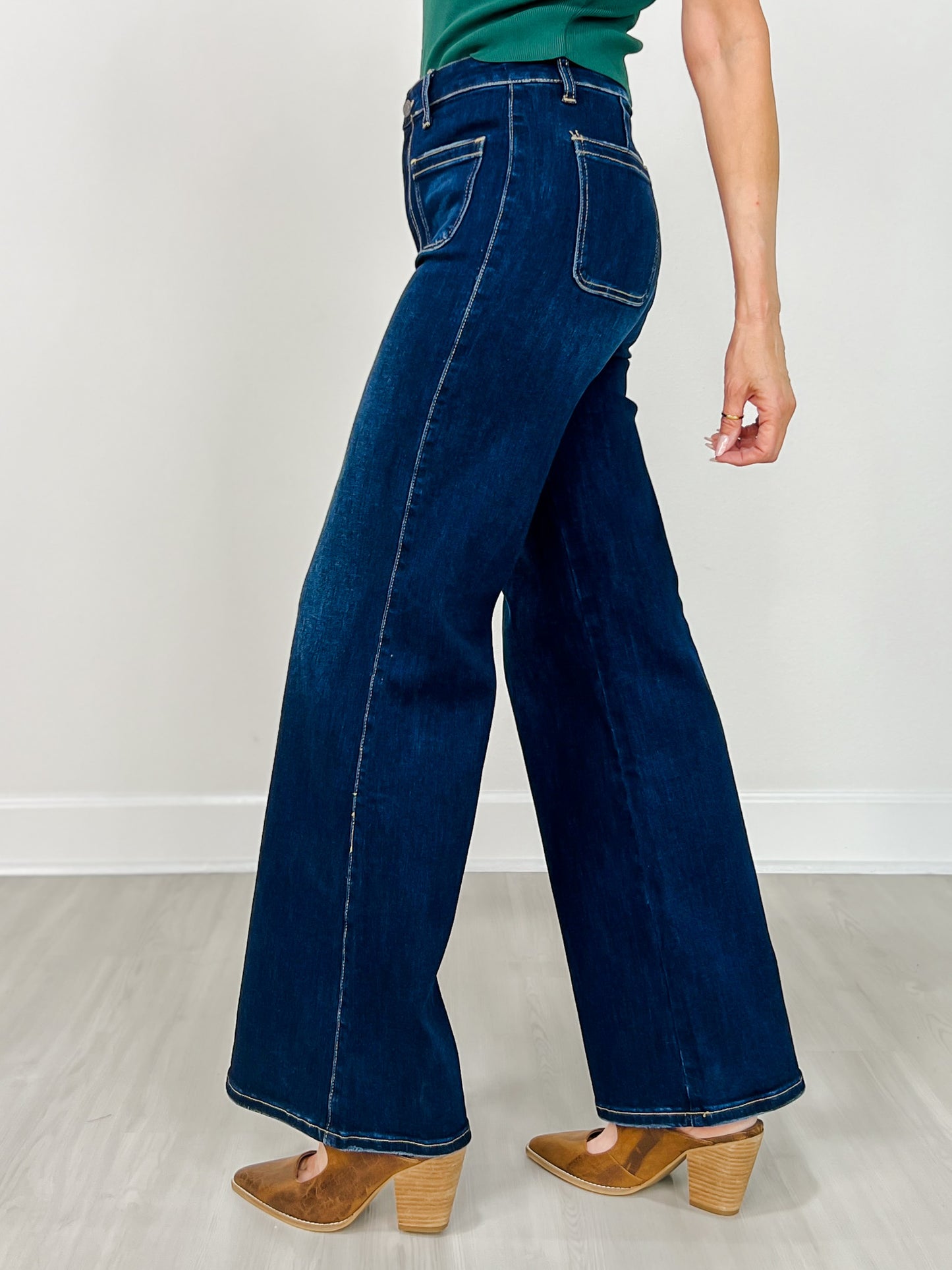 Stretch Front Two Pocket High Rise Flare Jean in Dark Denim