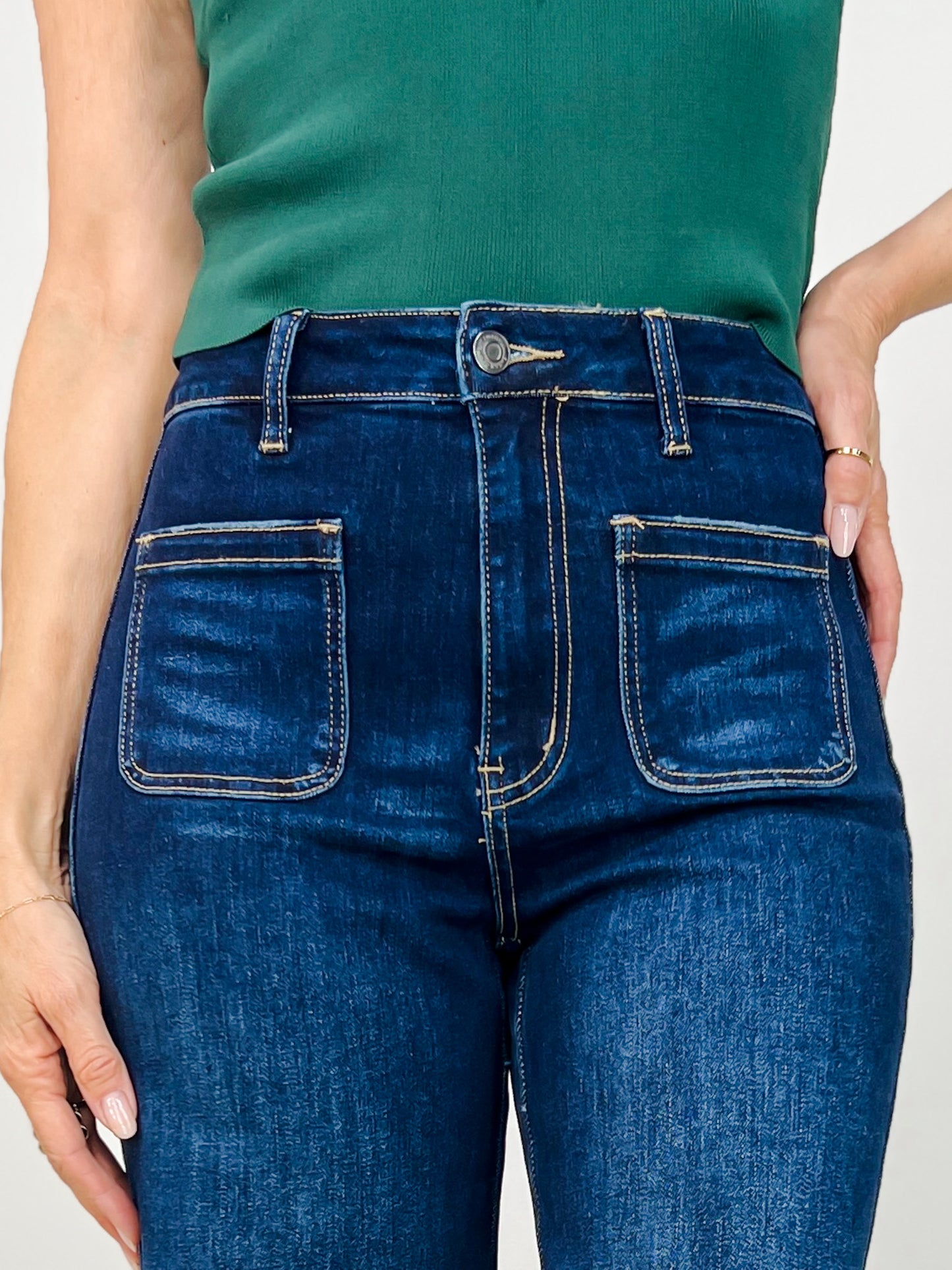 Stretch Front Two Pocket High Rise Flare Jean in Dark Denim