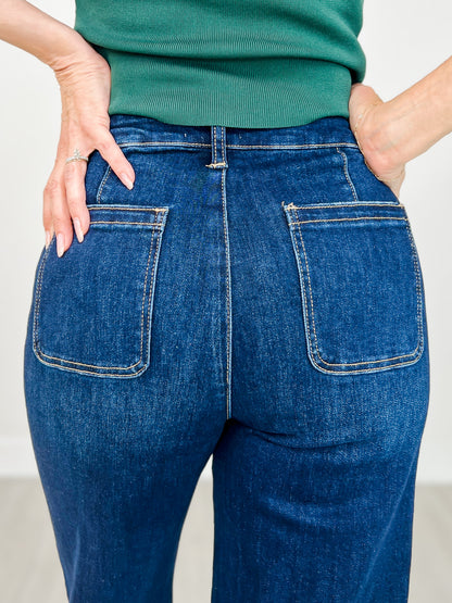 Stretch Front Two Pocket High Rise Flare Jean in Dark Denim