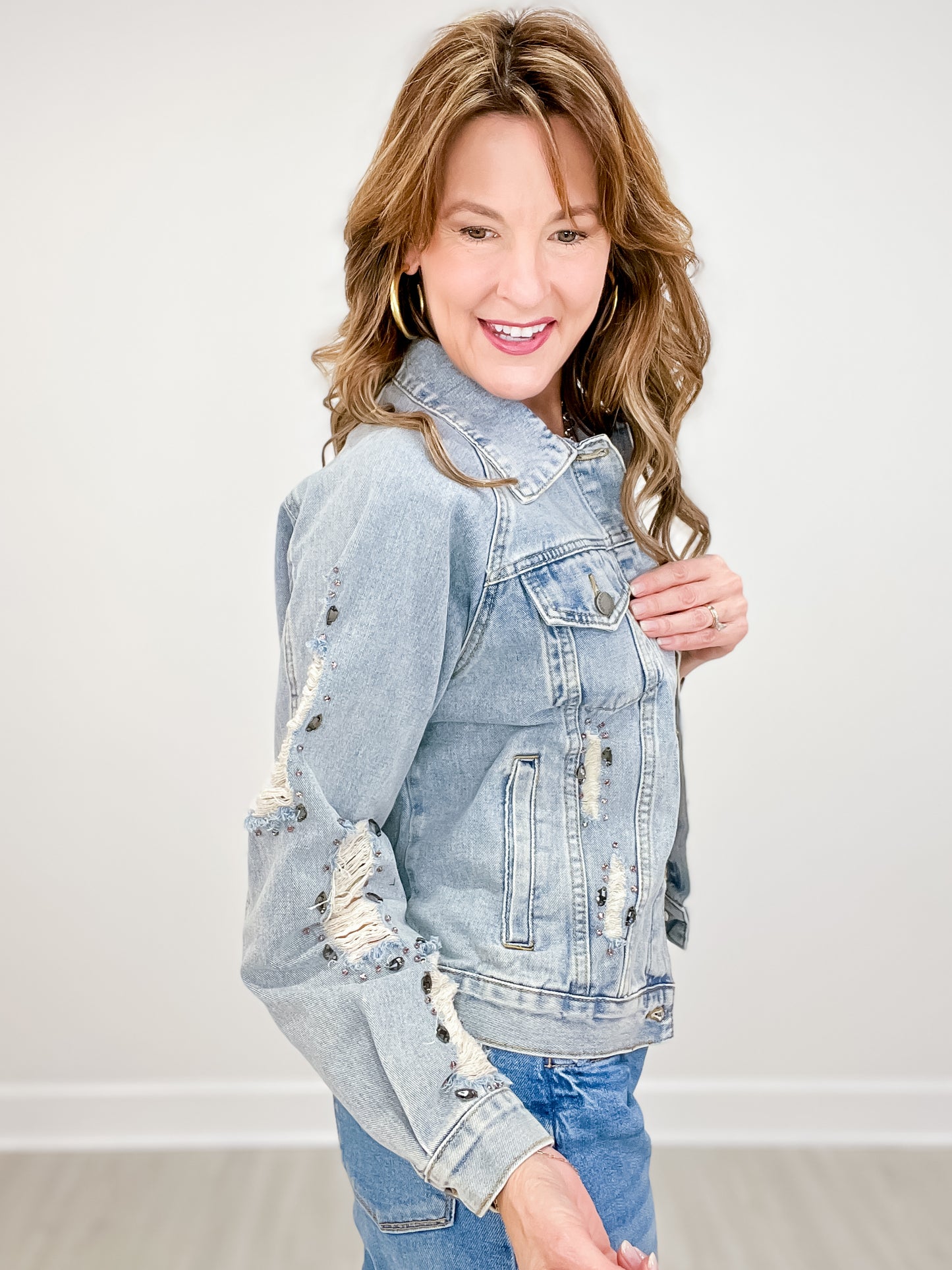 Rhinestone Distressed Denim Jacket