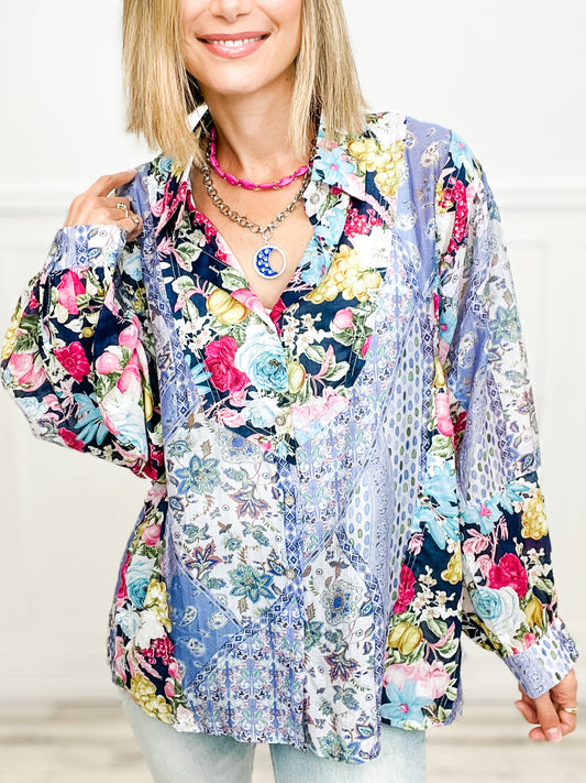 Floral Fusion Long Sleeve Button Down Collared Top