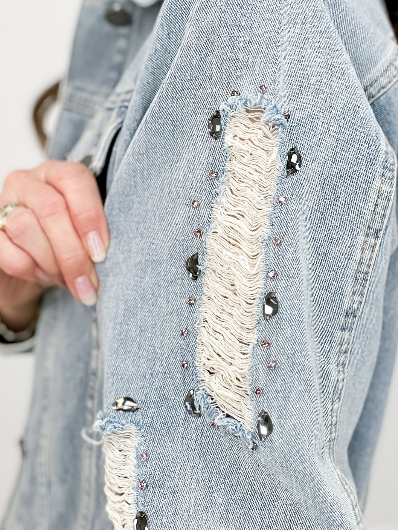 Rhinestone Distressed Denim Jacket