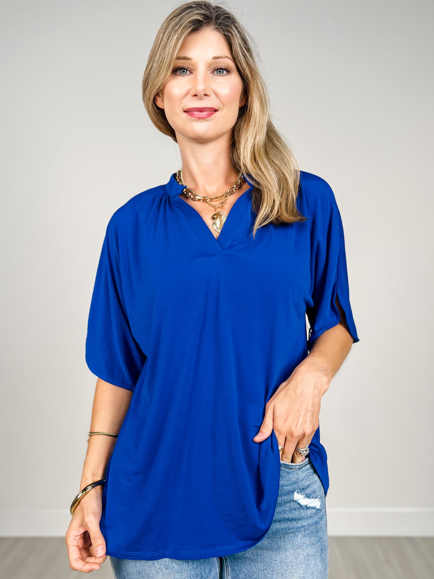 Flared Sleeve Lizzy Breeze Top with Mandarin Collar in Royal Blue