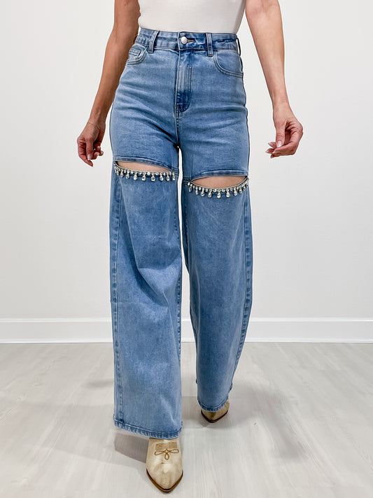 Crystal Detail On Cutout Mid-Rise Wide Leg Pants