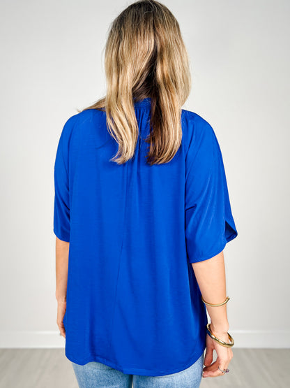 Flared Sleeve Lizzy Breeze Top with Mandarin Collar in Royal Blue