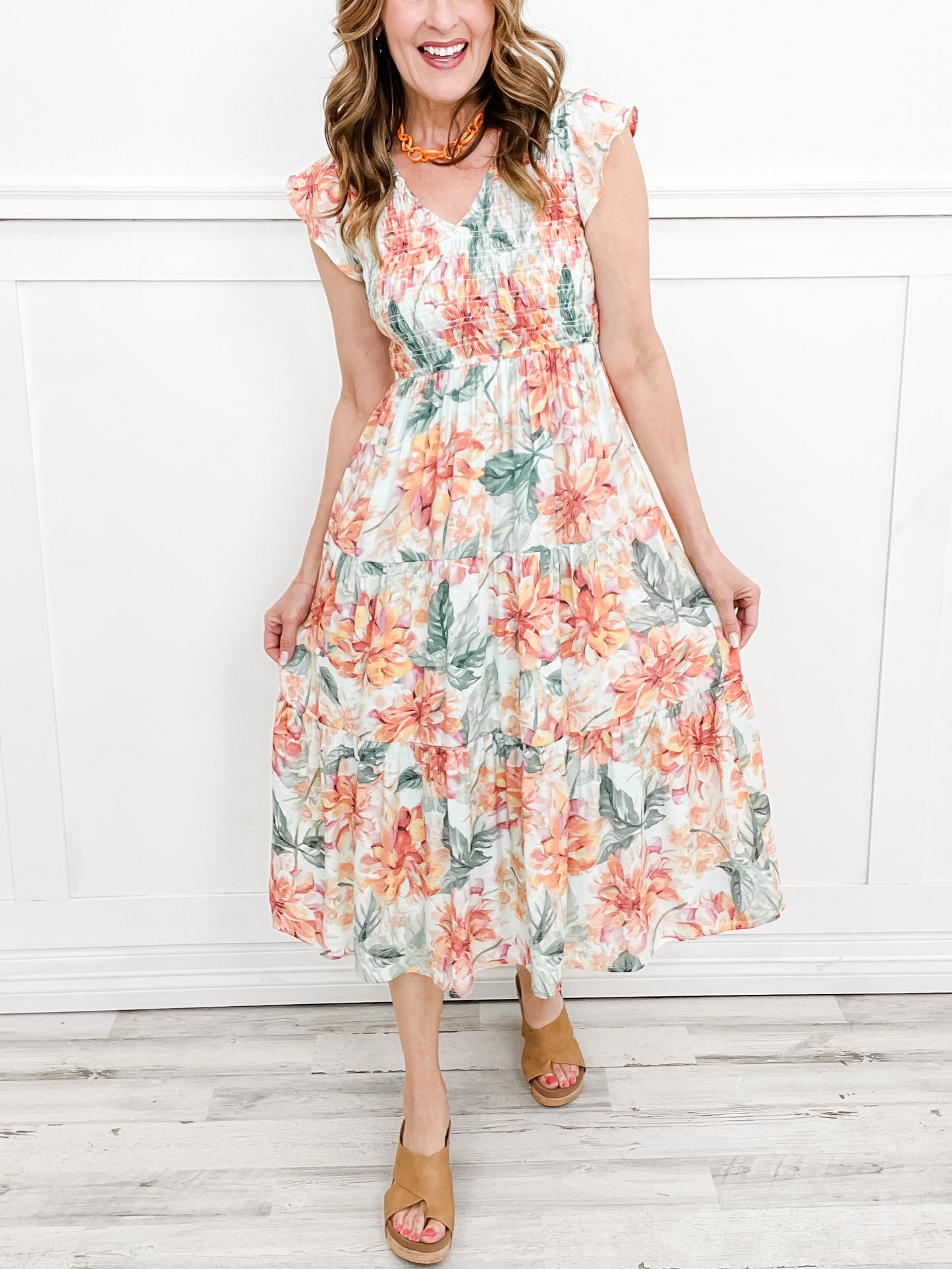 She's Perfect Smocked V-Neck Floral Midi Dress