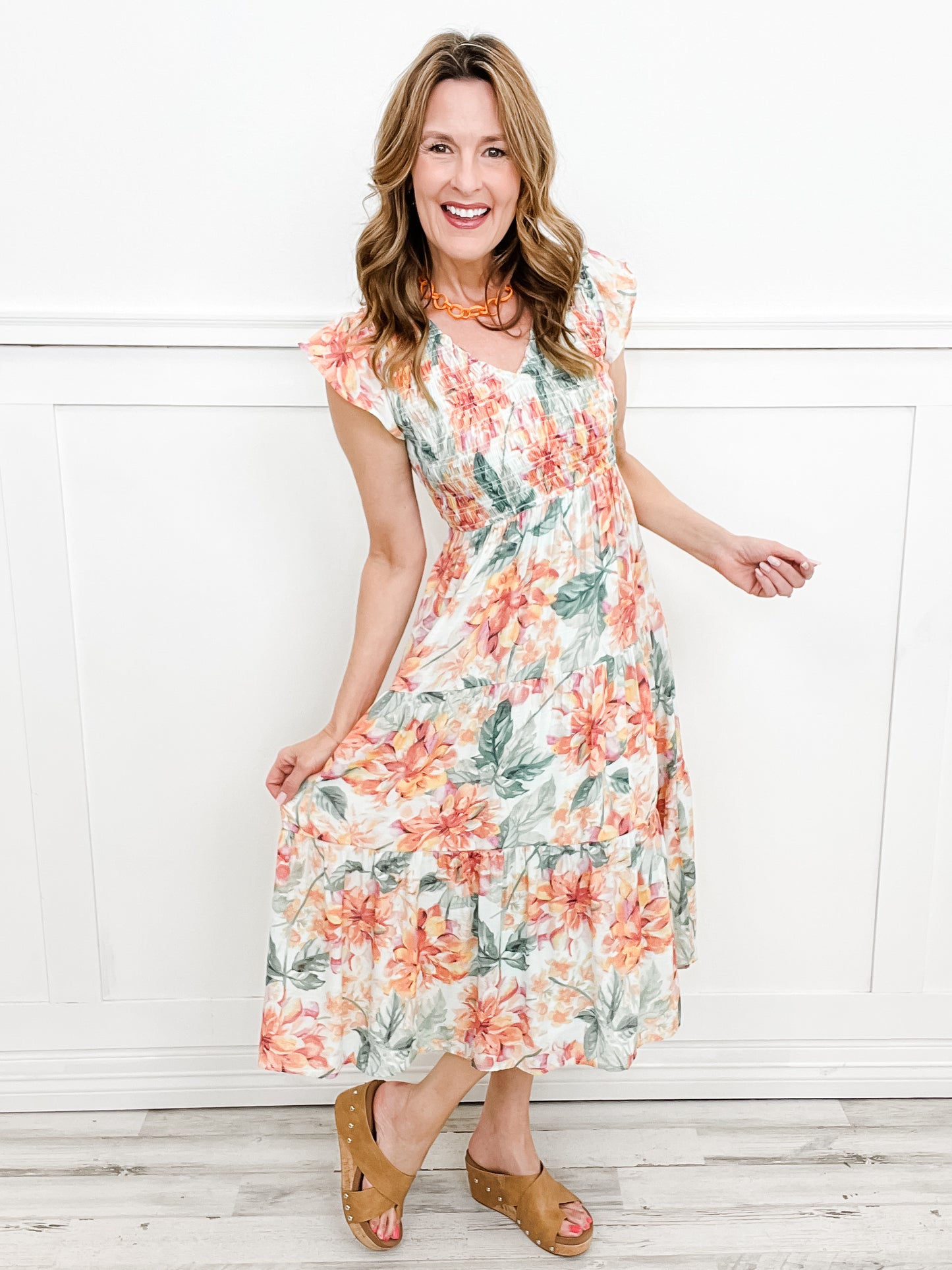 She's Perfect Smocked V-Neck Floral Midi Dress