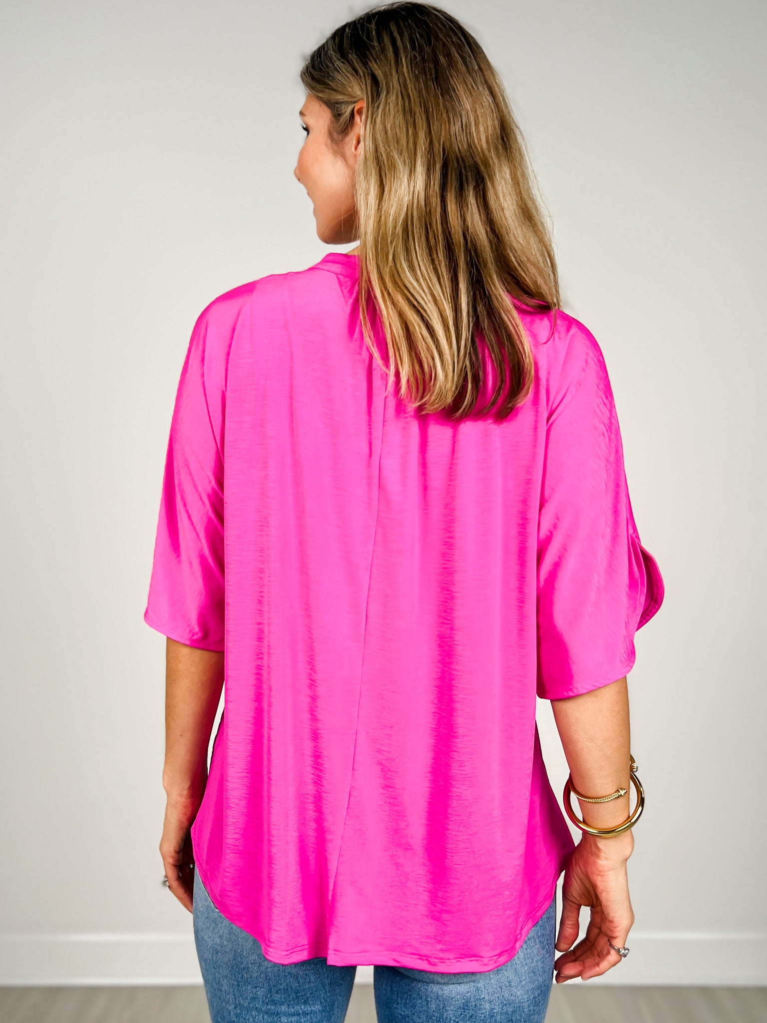 Flared Sleeve Lizzy Breeze Top with Mandarin Collar in Paradise Pink