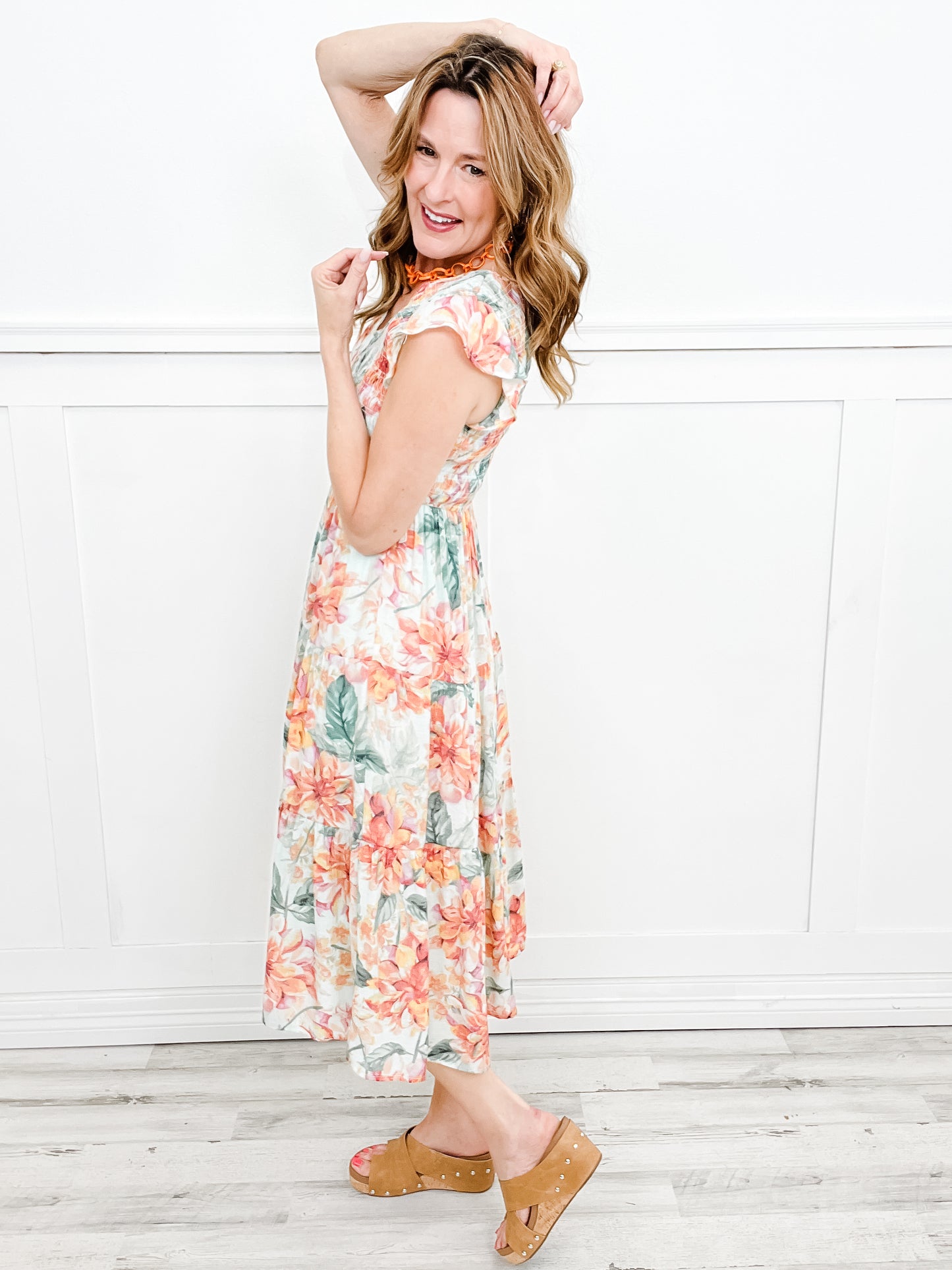 She's Perfect Smocked V-Neck Floral Midi Dress