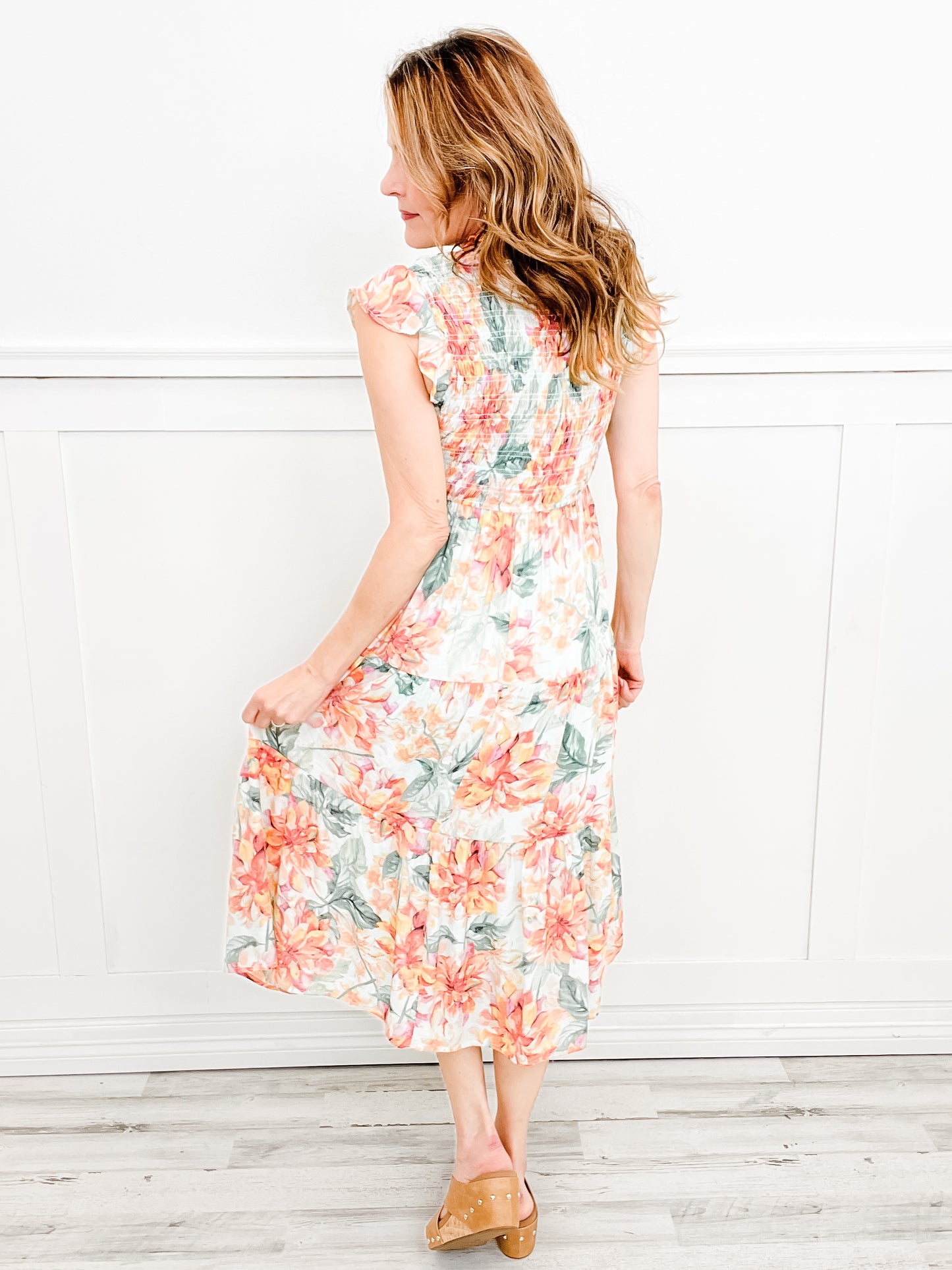 She's Perfect Smocked V-Neck Floral Midi Dress