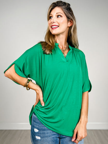 Flared Sleeve Lizzy Breeze Top with Mandarin Collar in Kelly Green