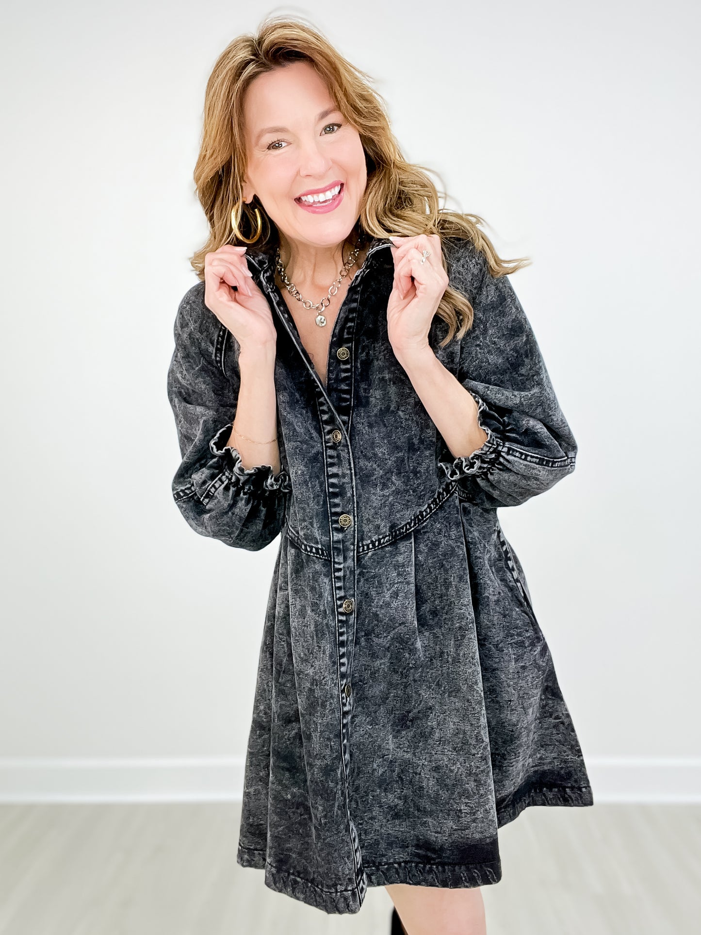 Relaxed Fit Button Down Denim Shirt Dress