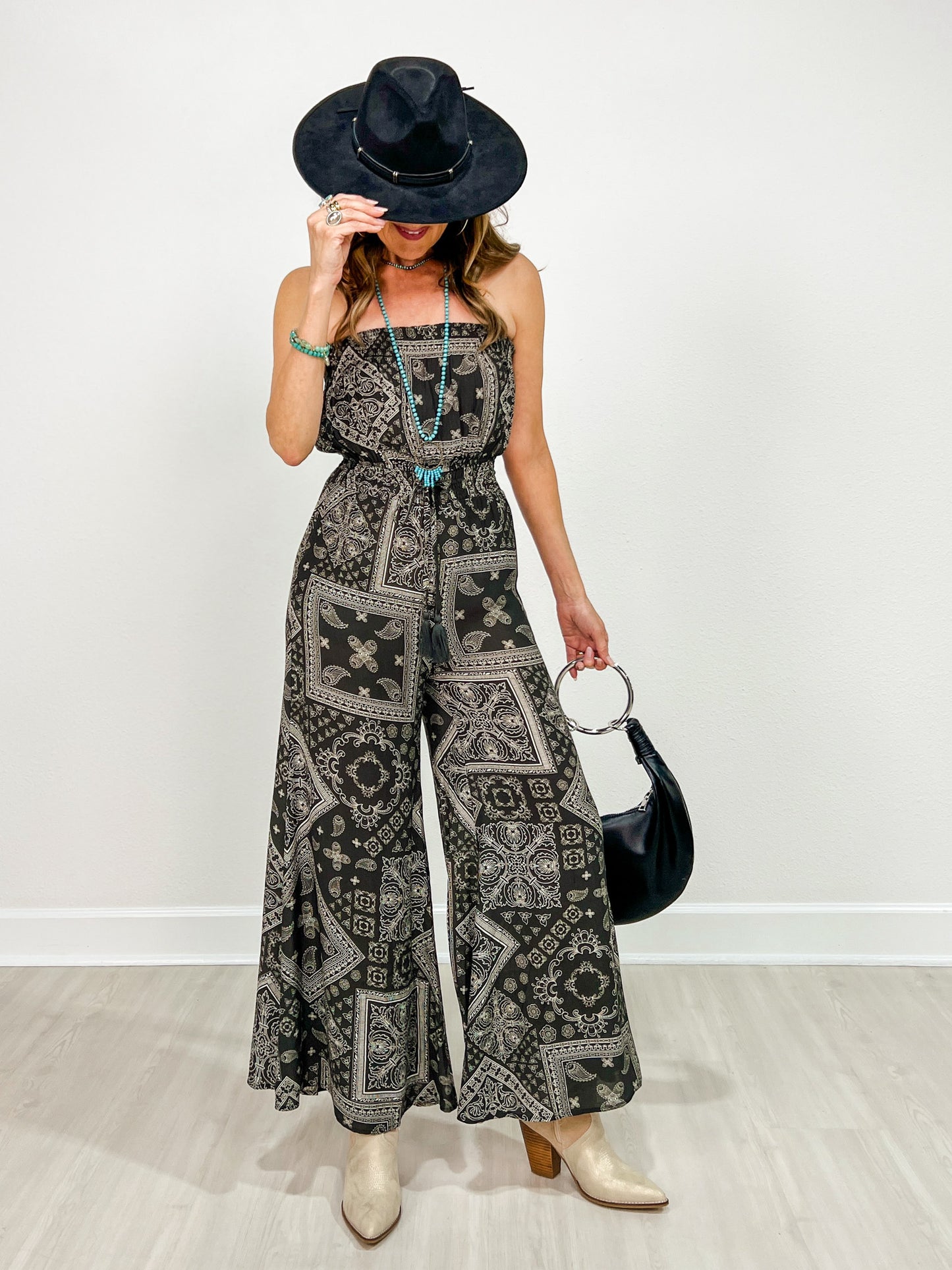 Border Print Tube Top Jumpsuit With Pockets