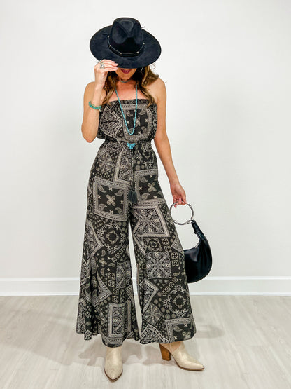 Border Print Tube Top Jumpsuit With Pockets