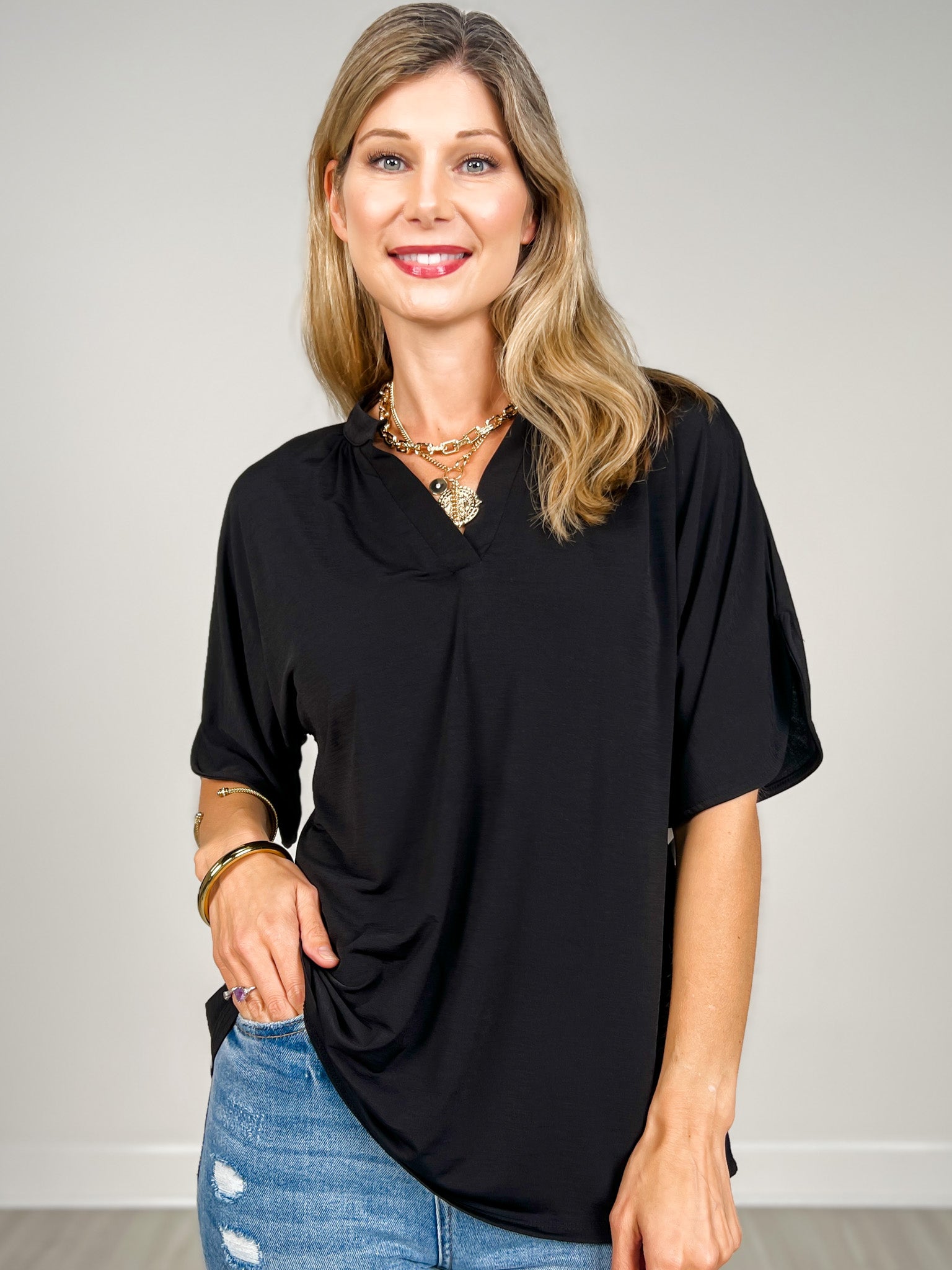 Flared Sleeve Lizzy Breeze Top with Mandarin Collar in Black