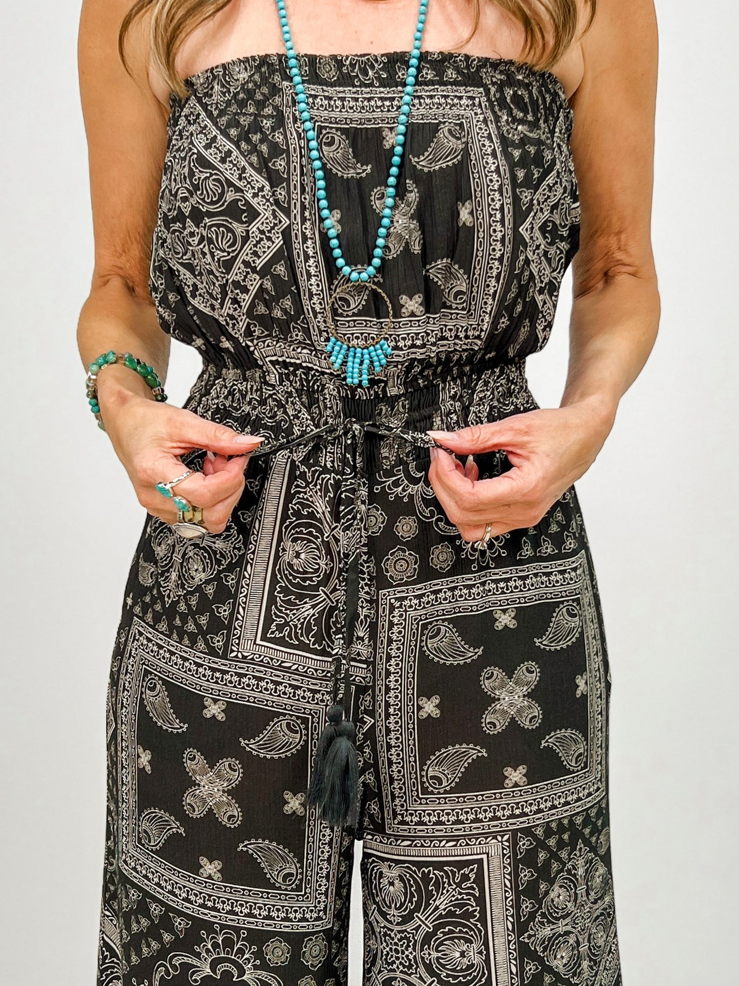 Border Print Tube Top Jumpsuit With Pockets