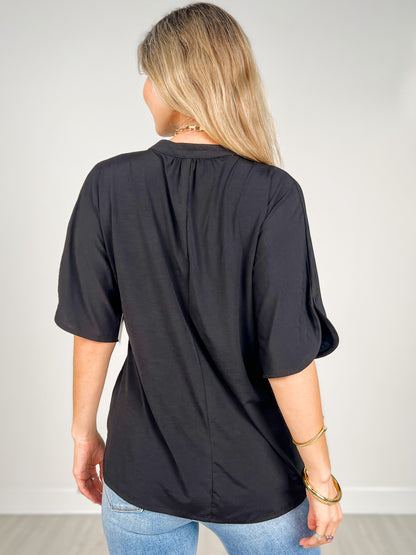 Flared Sleeve Lizzy Breeze Top with Mandarin Collar in Black