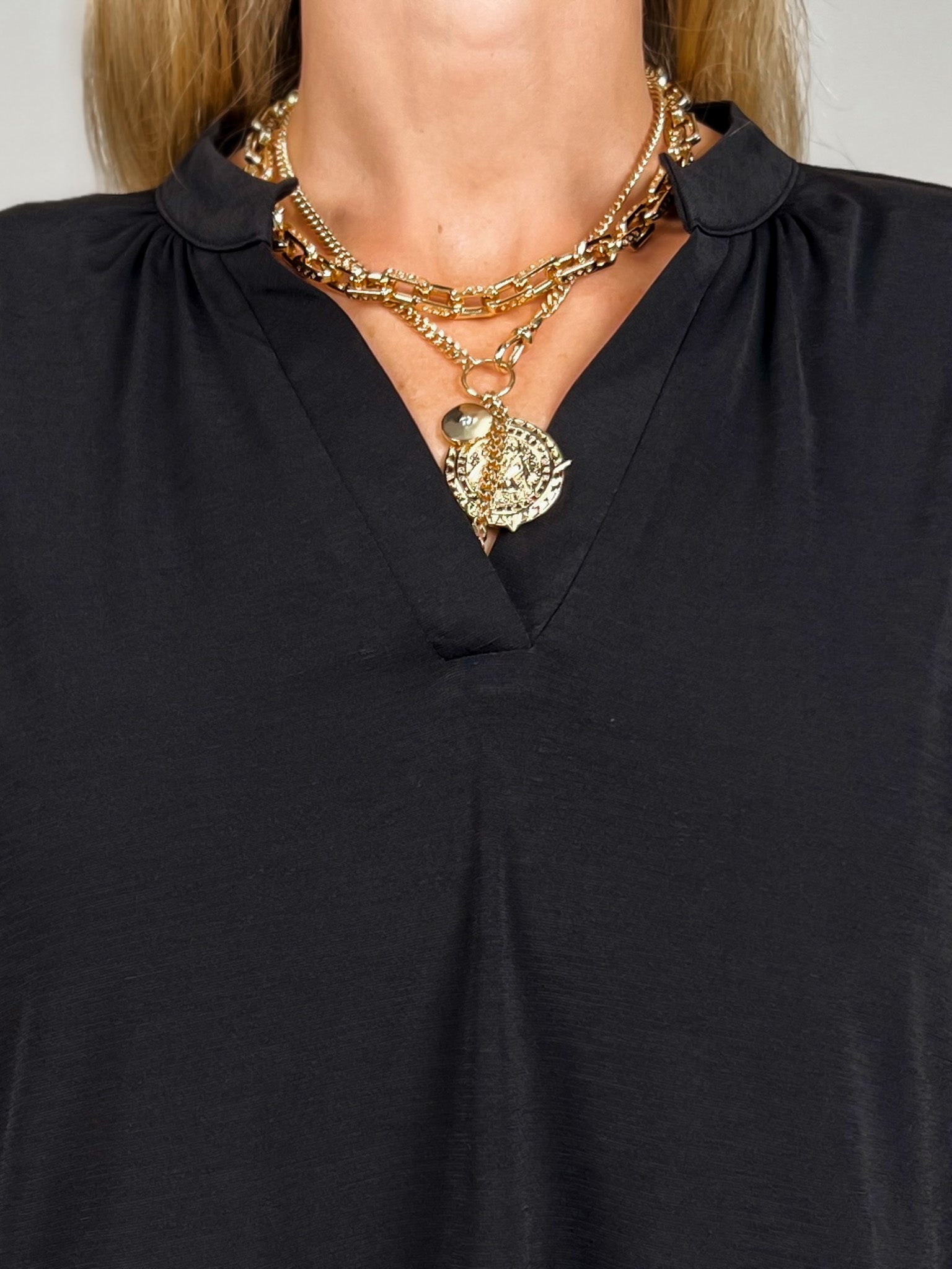 Flared Sleeve Lizzy Breeze Top with Mandarin Collar in Black