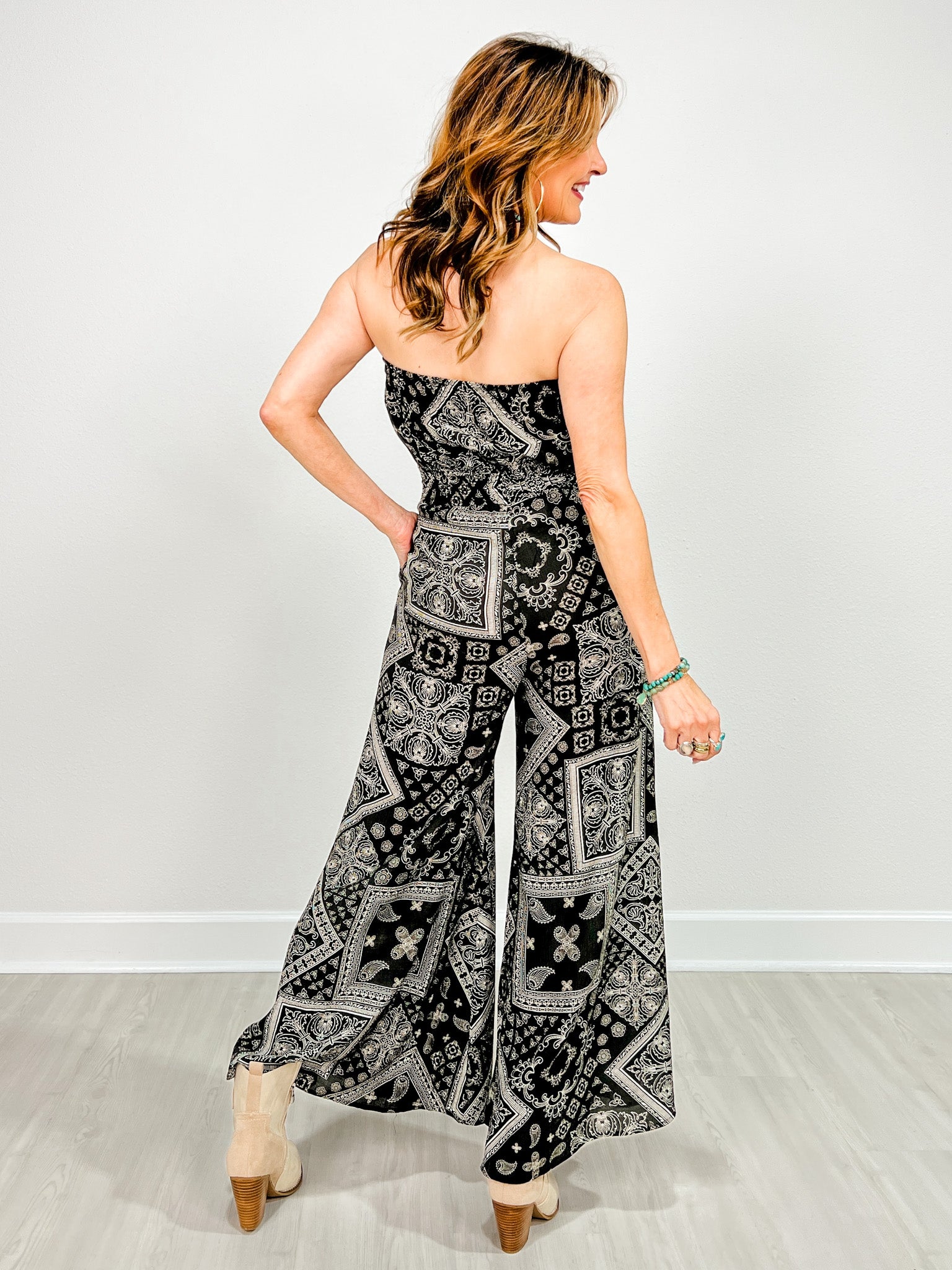 Border Print Tube Top Jumpsuit With Pockets