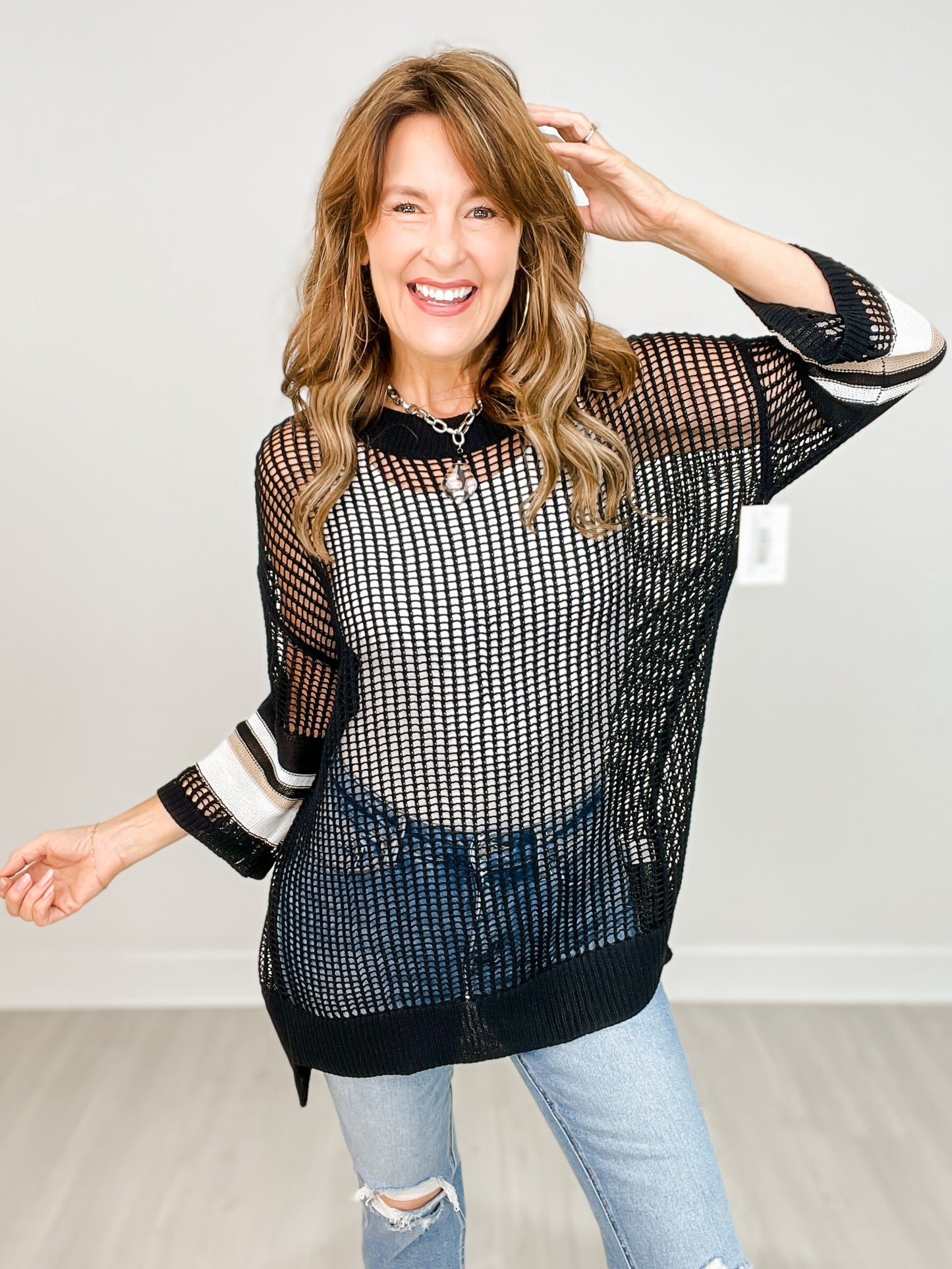 Long Sleeve Open Knit Top with Striped Sleeve Detail