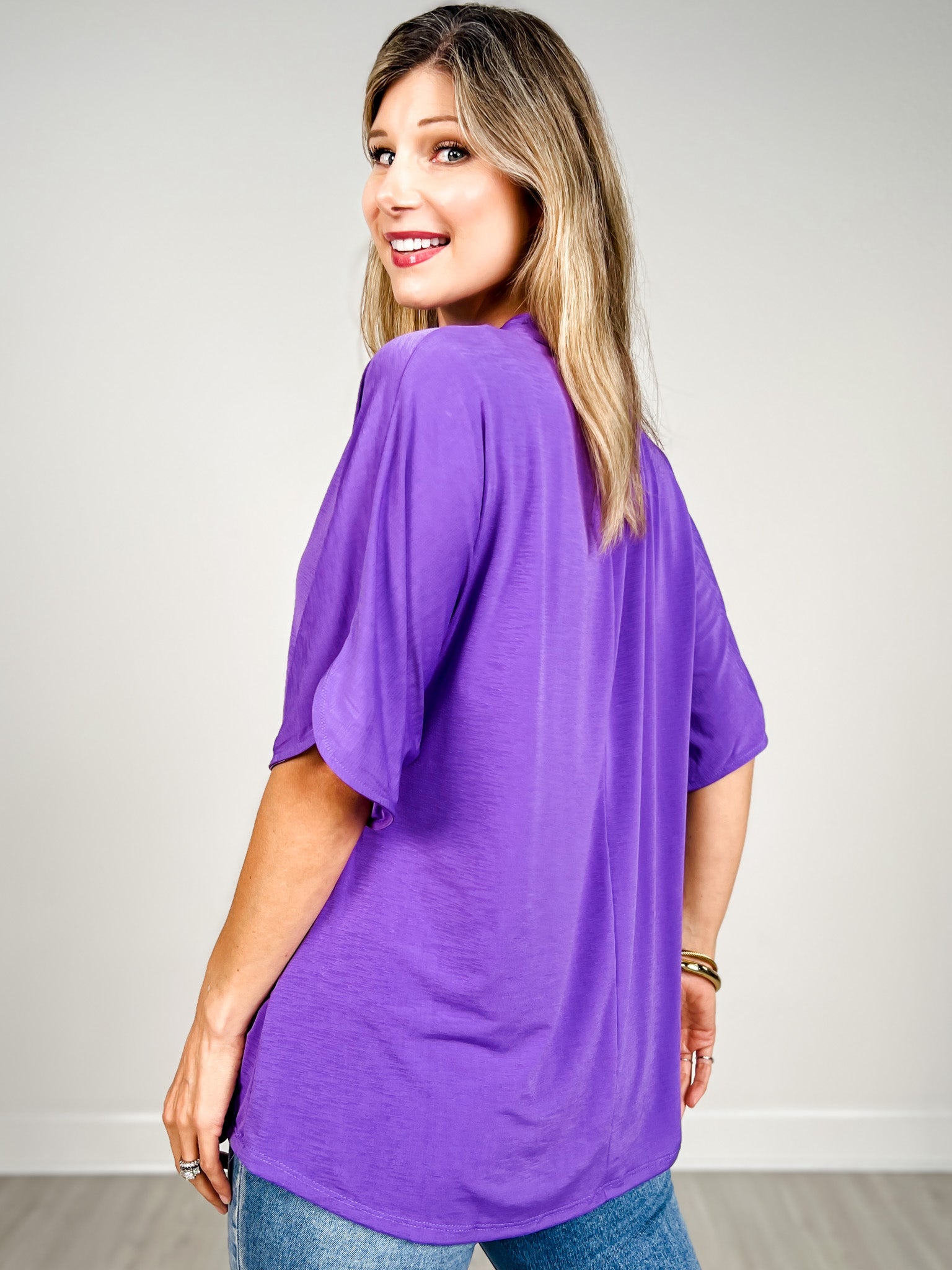 Flared Sleeve Lizzy Breeze Top with Mandarin Collar in Violet Splash