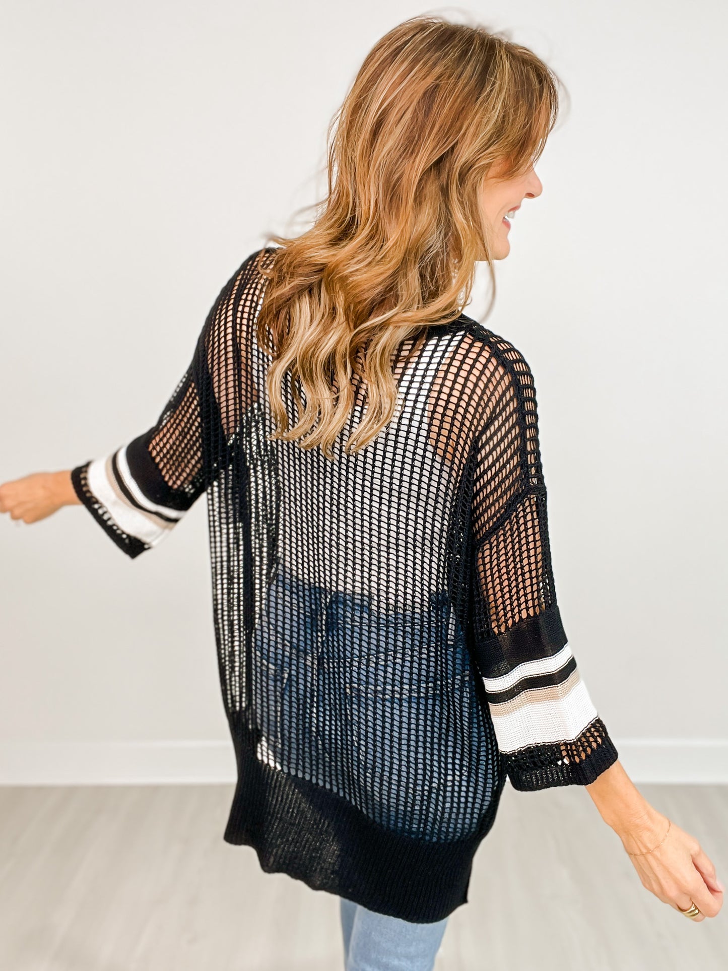 Long Sleeve Open Knit Top with Striped Sleeve Detail