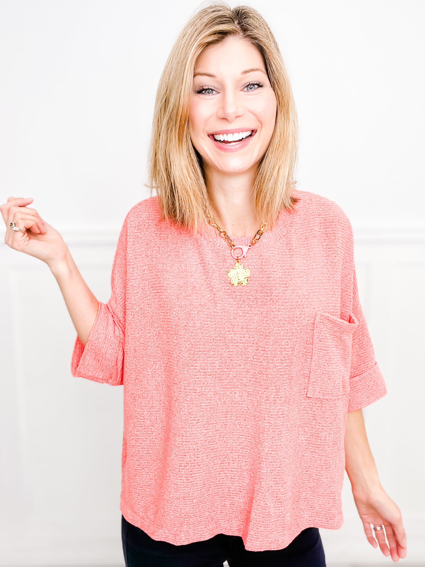 Three-Quarter Sleeve Solid Knit Top