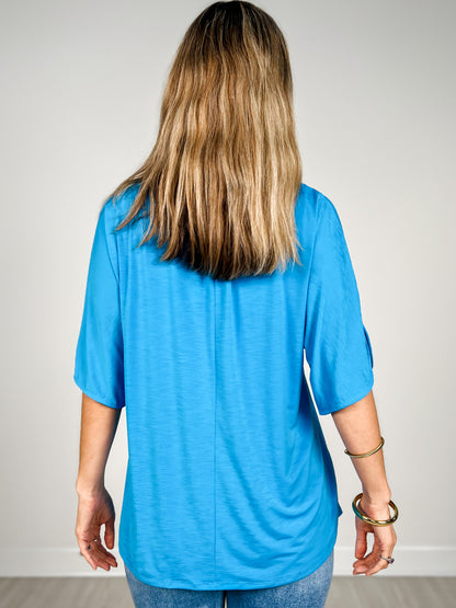 Flared Sleeve Lizzy Breeze Top with Mandarin Collar in Aqua