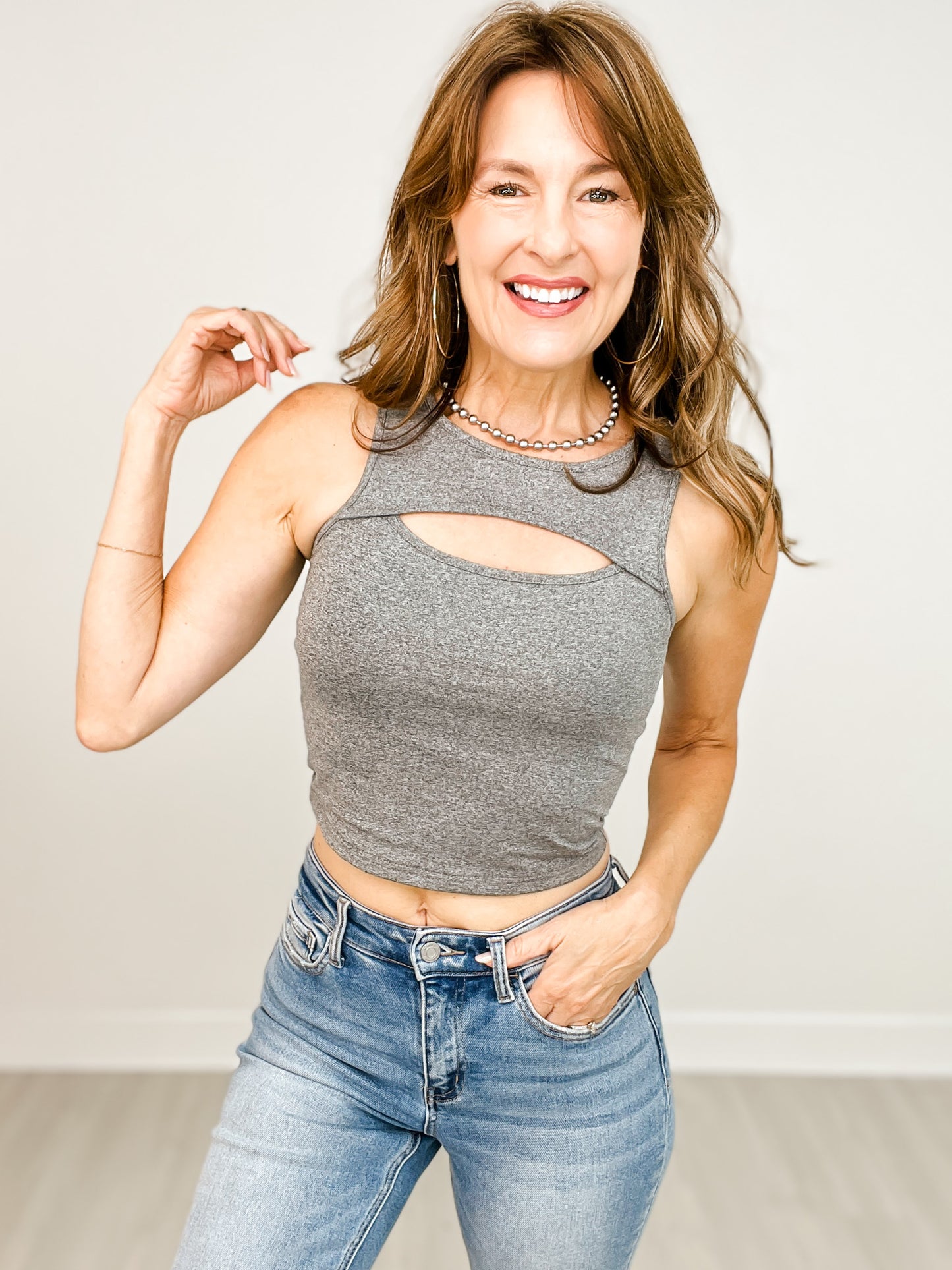 Sleeveless Solid Knit Tank Top with Keyhole Cutout