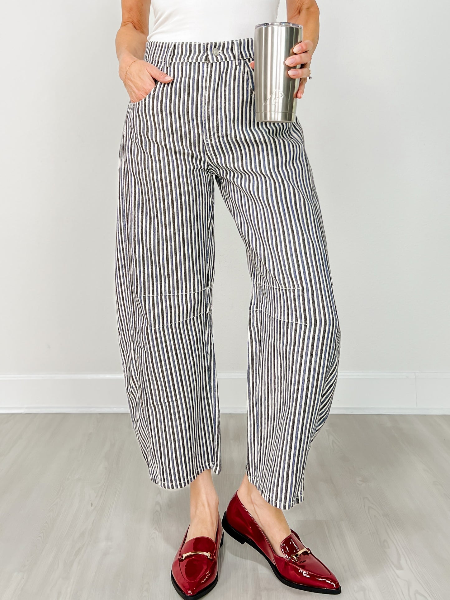 Mineral Wash Striped Barrel Leg Jeans