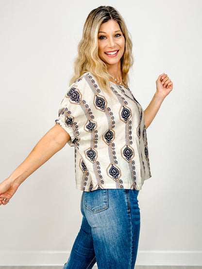 Geometric Floral Printed Elastic Cuff Top