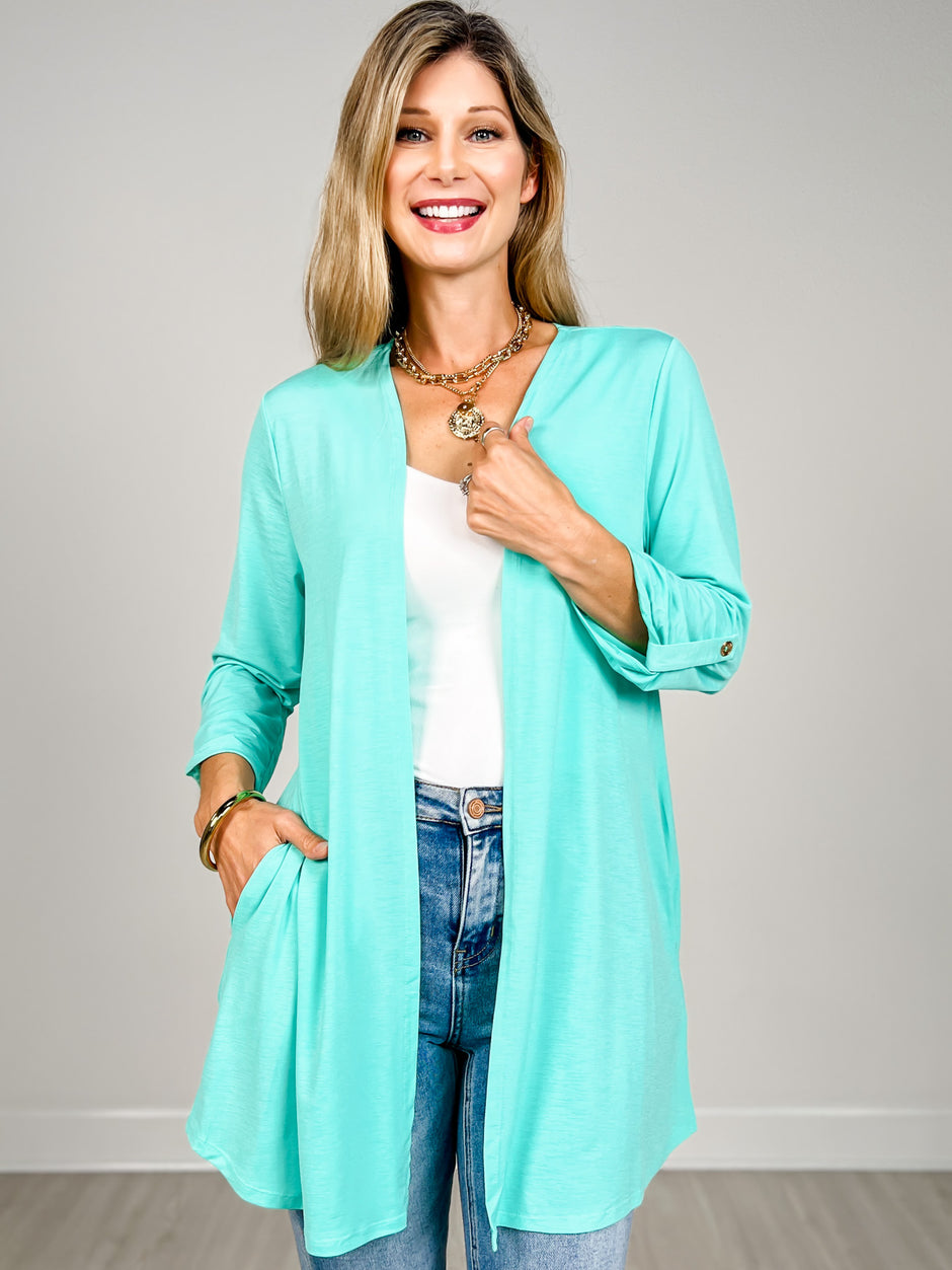 3/4 Sleeve Open Front Lightweight Cardigan in Crushed Mint
