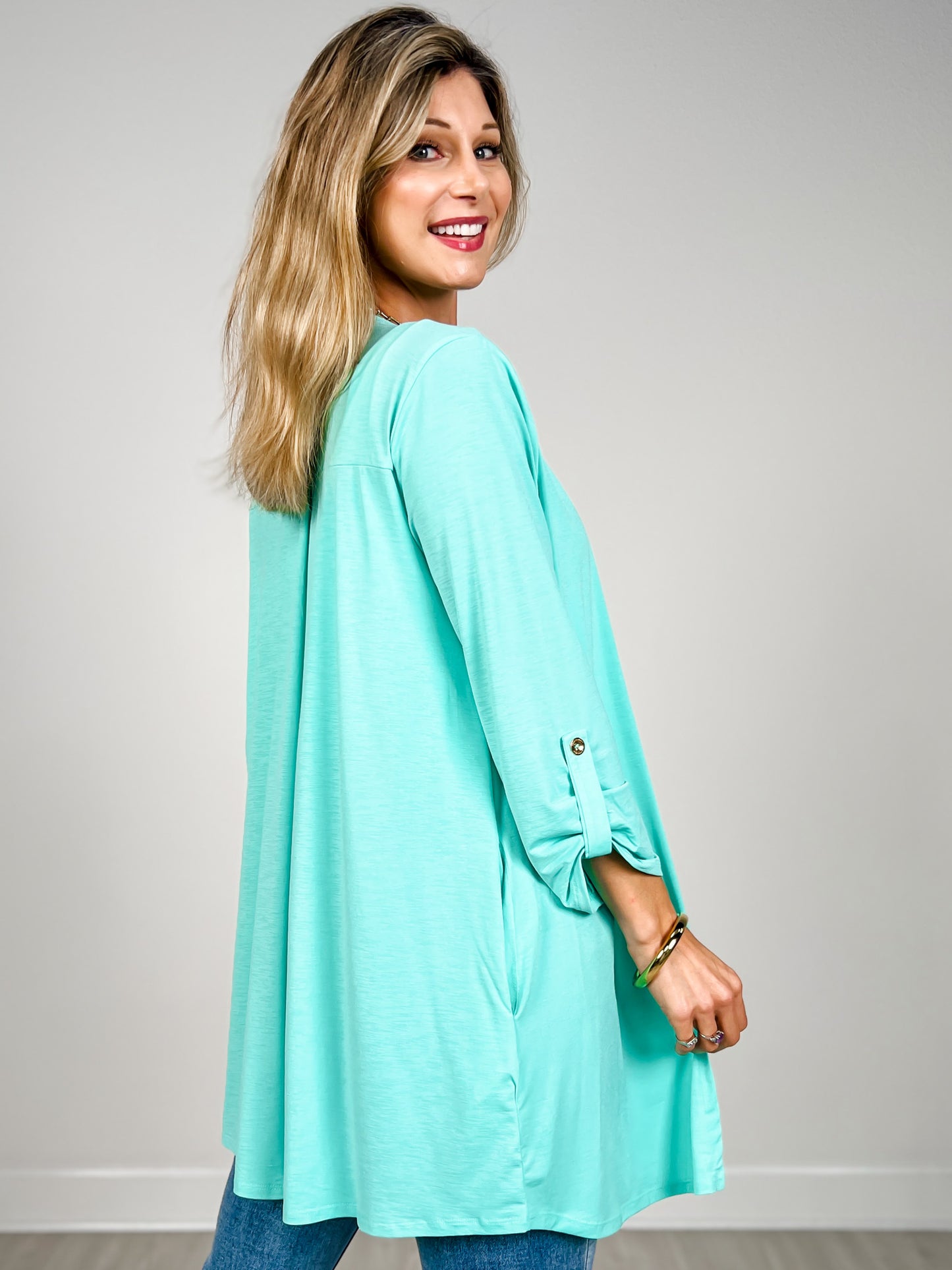 3/4 Sleeve Open Front Lightweight Cardigan in Crushed Mint