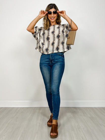 Geometric Floral Printed Elastic Cuff Top