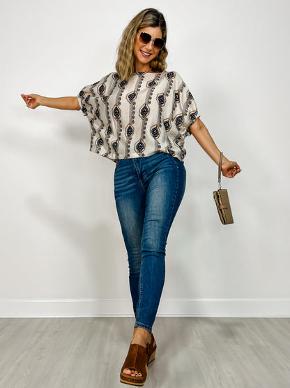 Geometric Floral Printed Elastic Cuff Top