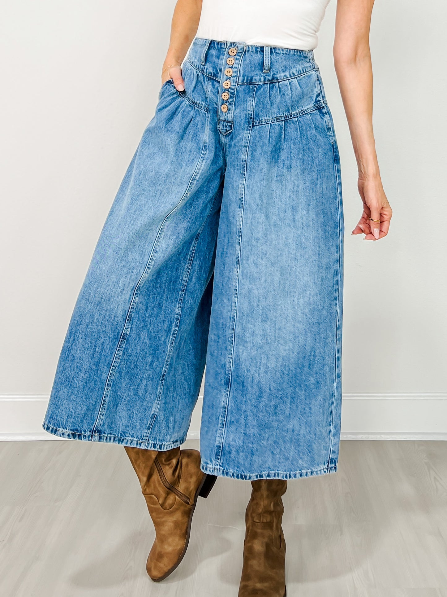 Stone Washed Cropped Denim Culottes