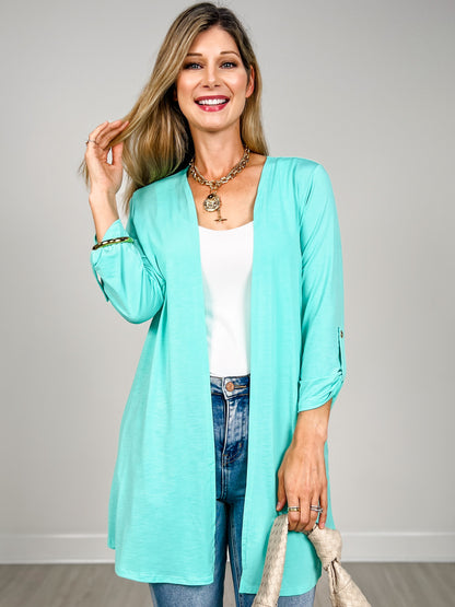 3/4 Sleeve Open Front Lightweight Cardigan in Crushed Mint