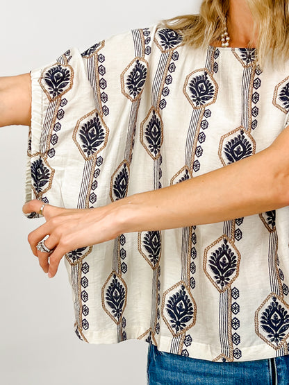 Geometric Floral Printed Elastic Cuff Top