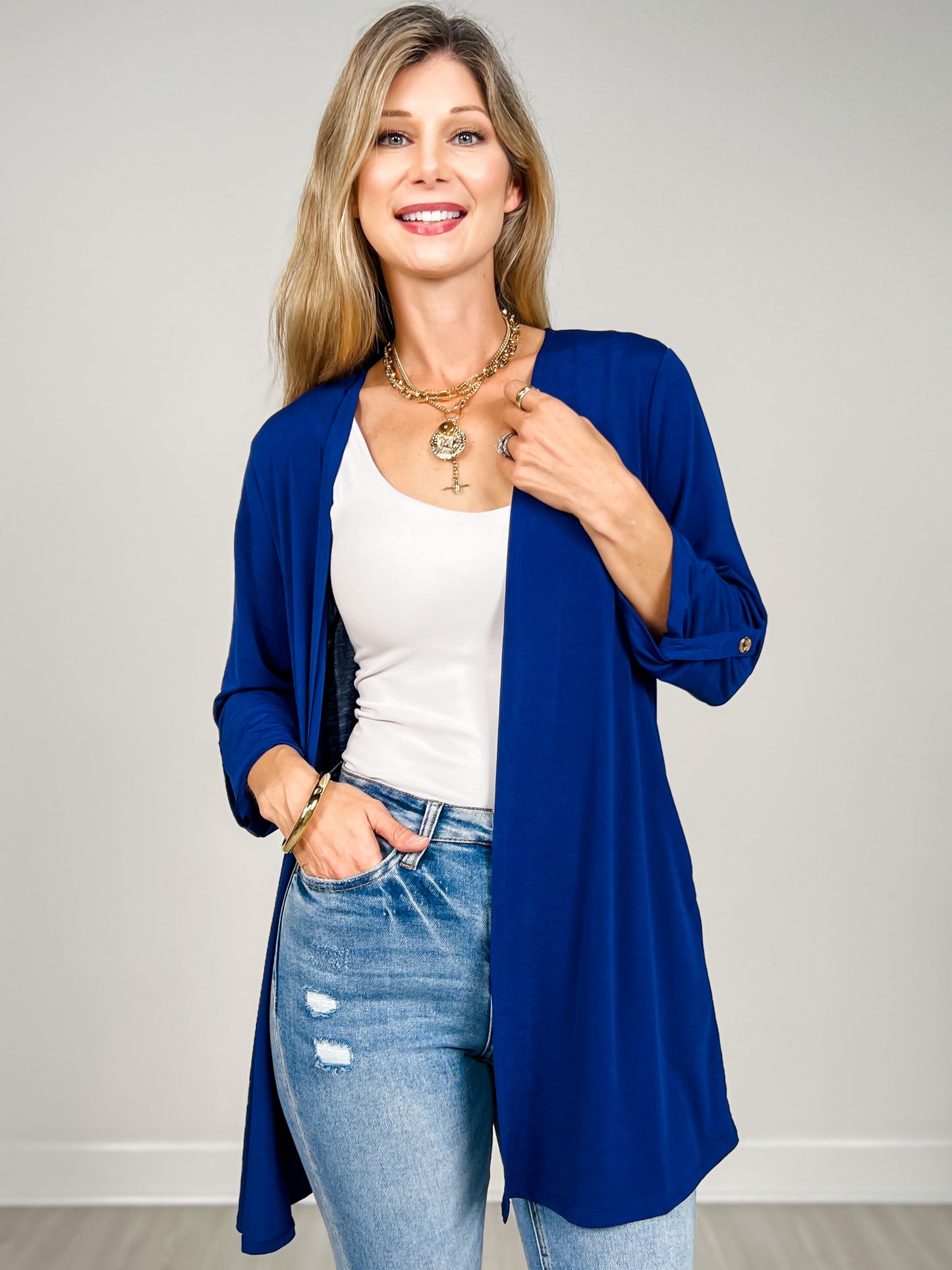 3/4 Sleeve Open Front Lightweight Cardigan in Navy